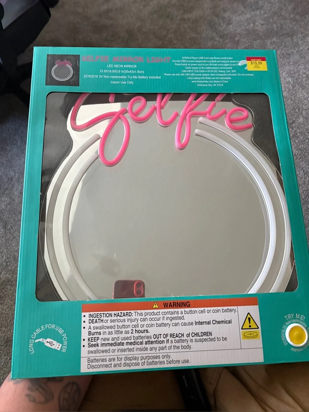 Round Wall Mirror with Pink 'Selfie' Neon Accent